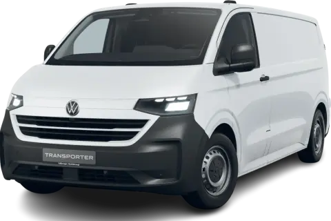 Biały transporter T7 z czarnym zderzakiem i nowoczesnymi światłami LED.