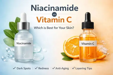 Niacinamide vs. Vitamin C: Welches ist besser für Ihre Haut? Seren mit Niacinamide und Vitamin C, Orangen und Blätter.