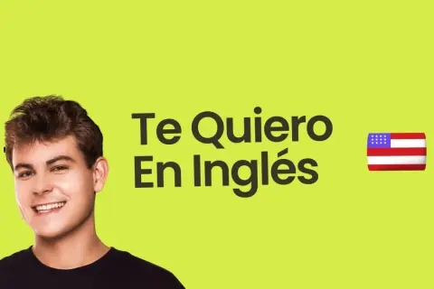 Joven sonriente con texto "Te Quiero En Inglés" y bandera de EE.UU.