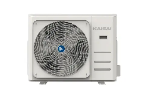Biała pompa powietrze powietrze KAISAI z dużą kratką wentylatora i niebieskim logo "We Care About Air".