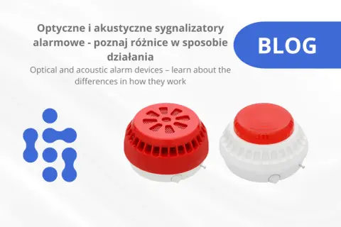 Dwa sygnalizatory akustyczno optyczne, jeden czerwony, drugi biało-czerwony, obok niebieskiego logo.