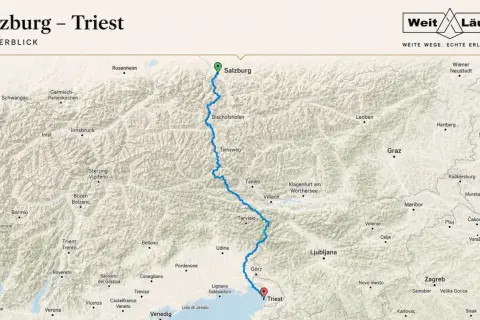 Karte zeigt die Route von Salzburg nach Triest, ideal für fernwanderwege in Frankreich.