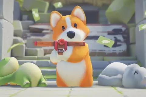 Corgi z kuszą, obok śpiący zielony dinozaur i biały słoń. Jakim zwierzęciem jesteś?