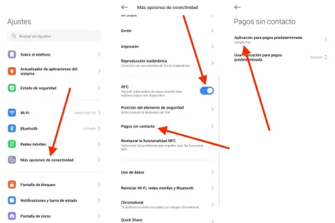 Ajustes de Android para activar NFC y configurar pagos sin contacto con Google Pay.