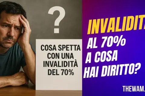 Uomo pensieroso con punto interrogativo. Testo: "Cosa spetta con una invalidità del 70%? Invalidità al 70%, a cosa hai diritto?