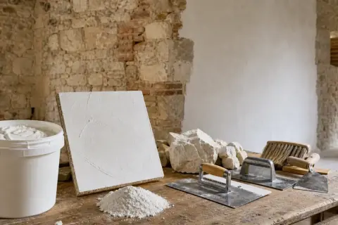 Attrezzi da muratore e secchio di calce idraulica su un tavolo di legno, pronti per il restauro di un muro in pietra.