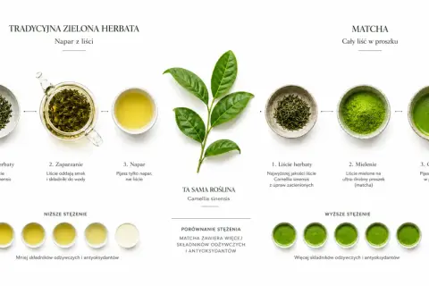 Porównanie tradycyjnej zielonej herbaty i matchy. Matcha, dzięki spożyciu całego liścia, ma bogatsze matcha właściwości odżywcze i antyoksydacyjne.
