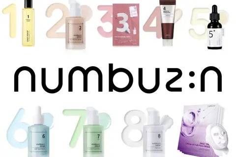 Kolekcja produktów numbuzin: olejek do demakijażu, kremowe serum, maska do twarzy, krem ujędrniający, serum z witaminą, serum do snu, serum łagodzące i maska liftingująca.