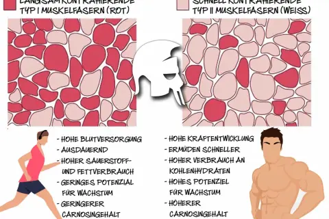Vergleich von Muskelfasertypen 1 (rot, ausdauernd) und 2 (weiß, kraftvoll).