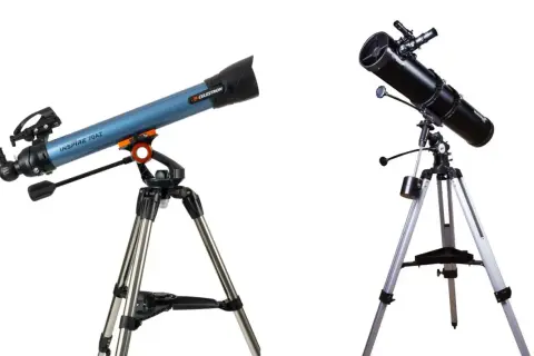 Dwa teleskopy astronomiczne na statywach, jeden niebieski, drugi czarny.