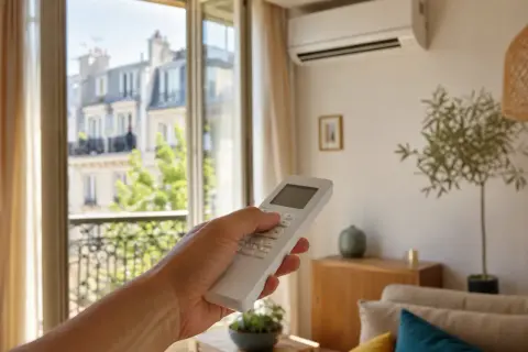 Main tenant utilise la télécommande pour activer le mode froid du climatiseur, profitant d'une brise fraîche dans son appartement parisien.