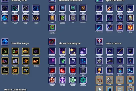 Wykres wyboru broni z Vampire Survivors. Znajdziesz tu wszystkie bronie i ich ulepszenia, podzielone na kategorie: Morning Star, Belnades Spellbook, Spectral Sword, Familiar Forge, Ebony Diabologue i Coat of Arms.