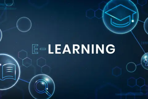 E-learning szkolenia: ikony książki, globu, żarówki, atomu i dyplomu w sieci połączeń.