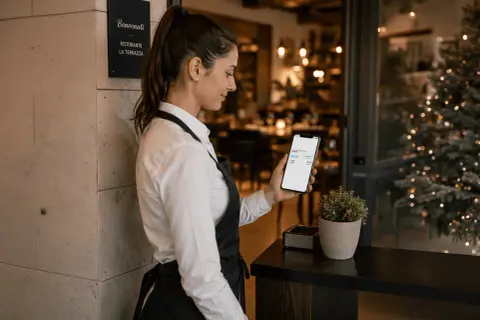 Cameriera controlla il telefono al ristorante "La Terrazza". Anche se sabato è un giorno feriale, il locale è pronto per accogliere i clienti.