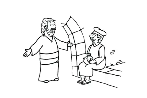 Jesus spricht mit dem Zöllner Matthäus, der seine Steuern zählt. Markus 2, 13-17.