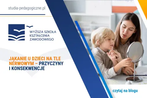 Terapeutka pomaga chłopcu ćwiczyć wymowę przed lustrem, wspierając go w walce z jąkaniem na tle nerwowym.
