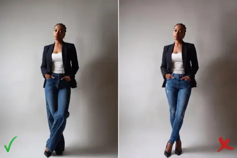 Frau mit geflochtenen Haaren in einem schwarzen Blazer und Jeans. Links mit weiten Hosen, rechts mit Skinny Jeans und konischer Schnitt.