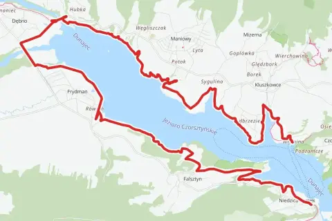 Trasa velo Dunajec wokół Jeziora Czorsztyńskiego, prowadząca przez malownicze tereny z widokiem na Dunajec.