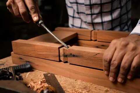 Carpintero usa formón para encajar piezas de madera, un paso clave para como medir un mueble y asegurar uniones perfectas.