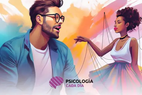 Hombre y mujer como marionetas, sugiriendo el apego intermitente en una pareja.