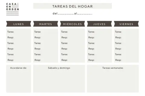 Cuadrante de limpieza semanal con columnas para Lunes a Viernes, y espacios para tareas y responsables. Incluye secciones para "Acordarse de", "Sábado y domingo" y "Tareas semanales".