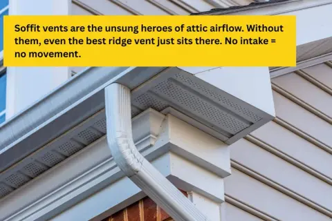 Close-up of soffit vents, a crucial part of roof venting systems, allowing attic airflow.