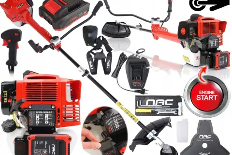 Zestaw do kosy spalinowej NAC: silnik, akumulator, ładowarka, szelki, osłona, tarcza tnąca i narzędzia. Rozrusznik elektryczny do kosy spalinowej ułatwia start.