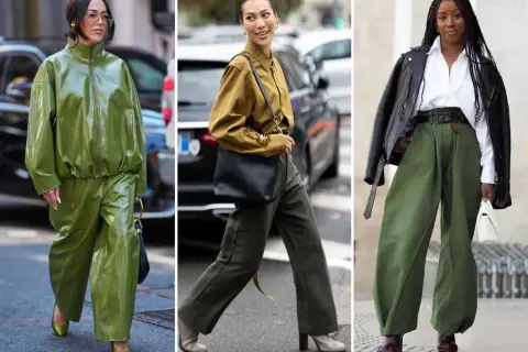 Oliwkowe spodnie damskie w trzech odsłonach: błyszczący total look, elegancka koszula i szerokie nogawki, skórzana kurtka i luźne spodnie.