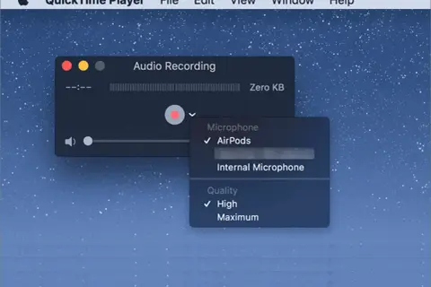 Jak nagrać dźwięk z komputera? QuickTime Player pozwala wybrać mikrofon (AirPods lub wewnętrzny) i jakość nagrania (wysoka/maksymalna).