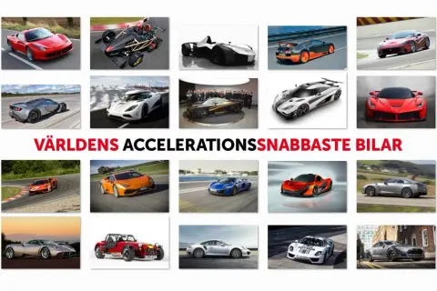 Bilden visar en samling supersnabba bilar, inklusive en röd Ferrari och en vit Koenigsegg. Dessa är exempel på bilar som kan sätta hastighetsrekord.