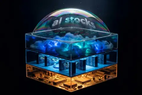 Bańka mydlana z napisem "ai stocks" odbija wykresy giełdowe. Poniżej serwery i płyta główna, symbolizujące technologię stojącą za akcjami.