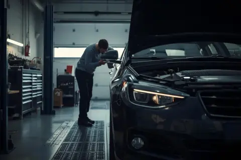 Mekaniker kontrollerar en bil i verkstad. För att undvika problem vid bilbesiktning regler är det viktigt att bilen är i gott skick.