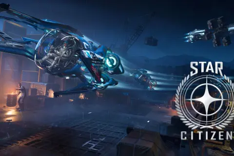 Nocny deszcz na stacji kosmicznej. Widać statek z załogą, logo Star Citizen i zapowiedź gry na Xbox.