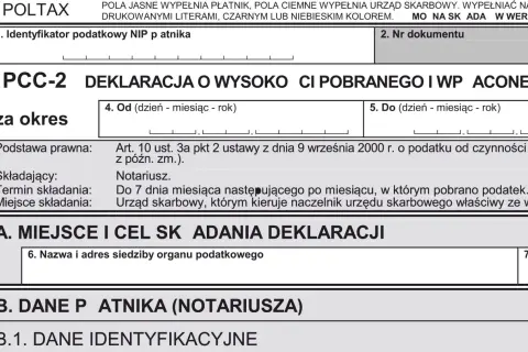 Deklaracja PCC-2 o wysokości pobranego podatku od czynności cywilnoprawnych, np. podatek od zakupu nieruchomości.