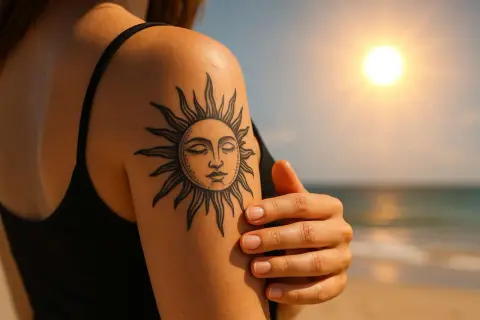 Ein Tattoo einer Sonne ziert den Arm einer Frau am Strand. Die Sonne scheint im Hintergrund.