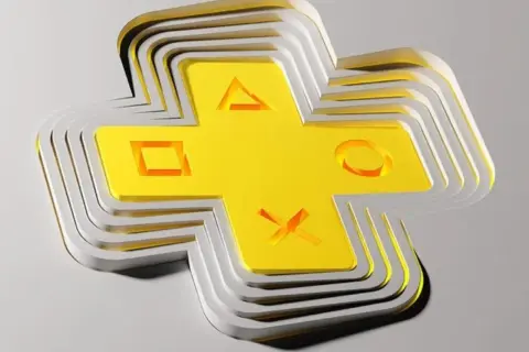 Złoty symbol PlayStation Plus z przyciskami, warstwowo ułożony, zapowiada gry na marzec.