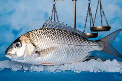 Une dorade au four, fraîchement pêchée, posée sur de la glace pilée, sous une balance dorée.