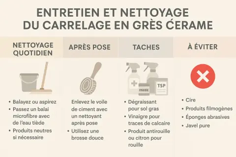 Guide d'entretien du carrelage en grès cérame : nettoyage quotidien, après pose, gestion des taches et produits à éviter.