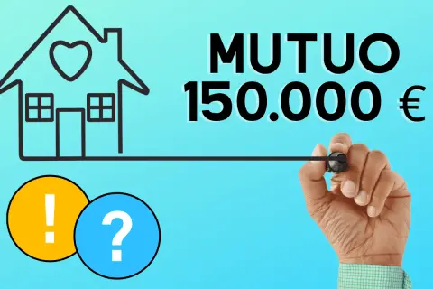 Casa con cuore, testo "MUTUO 150.000 €", punto interrogativo e esclamativo.