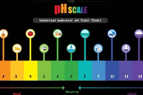 Die pH-Wert-Skala zeigt mit Farben und Symbolen von sauer (rot) über neutral (grün) bis alkalisch (lila) die Säuregrade verschiedener Substanzen.