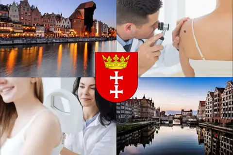 Gdański krajobraz, dermatolodzy badający znamiona, herb miasta.