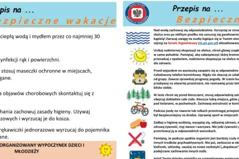 Przepis na bezpieczne wakacje: myj ręce, dezynfekuj, zachowaj dystans, unikaj słońca, dbaj o higienę.