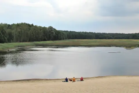 Trzy osoby i pies odpoczywają nad brzegiem czarnego stawu, otoczonego lasem.
