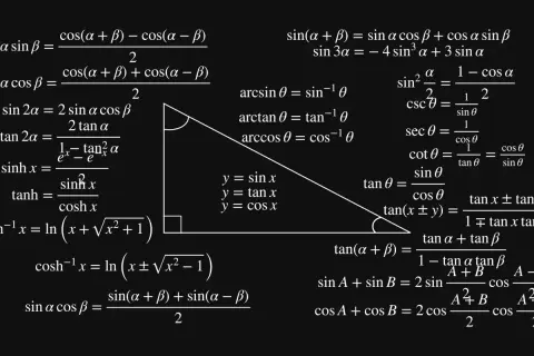 Matematyczne wzory trygonometryczne i hiperboliczne na czarnym tle, z zaznaczonym trójkątem prostokątnym.