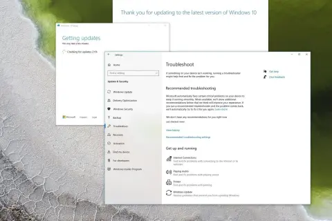 Jak zaktualizować Windows 10? Widok ekranu z asystentem aktualizacji i narzędziem do rozwiązywania problemów.
