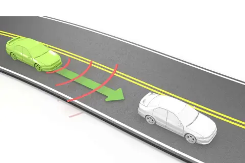 Un coche verde y uno blanco en la carretera. Una flecha verde indica que al aumentar la velocidad la distancia de detención.