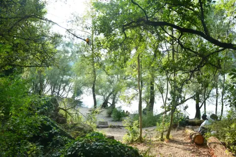 Arbres verdoyants et sentier sablonneux au parc de la Feyssine. Deux personnes profitent du calme au bord de l'eau.