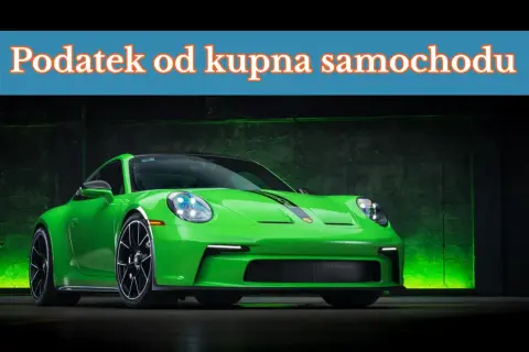 Zielony sportowy samochód z napisem "Podatek od kupna samochodu".
