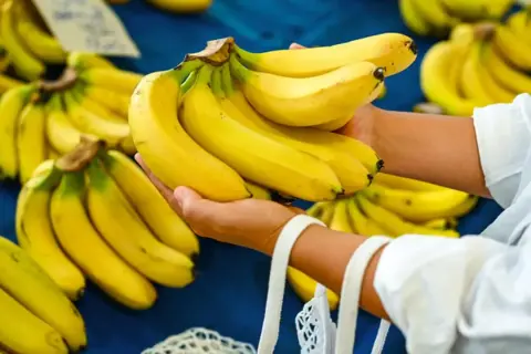 Ręce trzymające pęk żółtych bananów, które są zdrowe dla nerek. W tle widać więcej bananów.