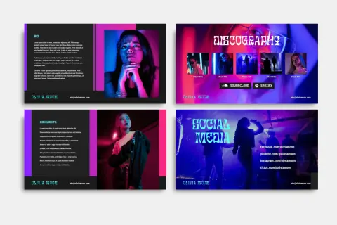 Electronic press kit for musicians, featuring discography, highlights, and social media links for Olivia Moon.